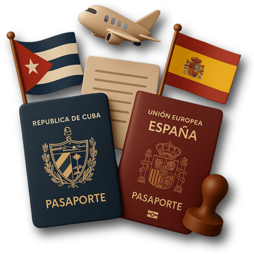 Elementos migratorios relacionados con trámites de Cuba a España: pasaportes cubano y español, documentos legales, banderas de ambos países y avión representando el proceso migratorio.