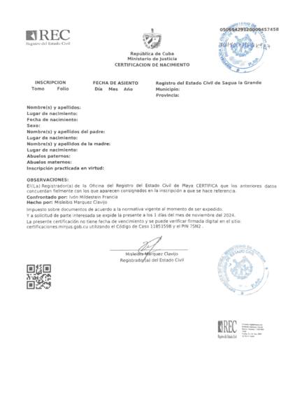 Imagen Certificado de Nacimiento Cubano