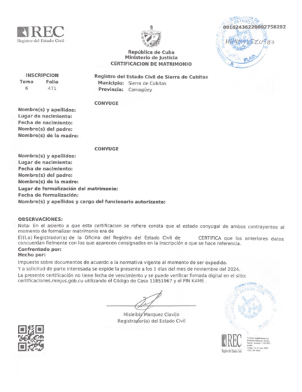 Imagen Certificado de Matrimonio Cubano