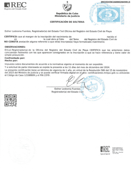 Imagen Certificado de Solteria Cubano