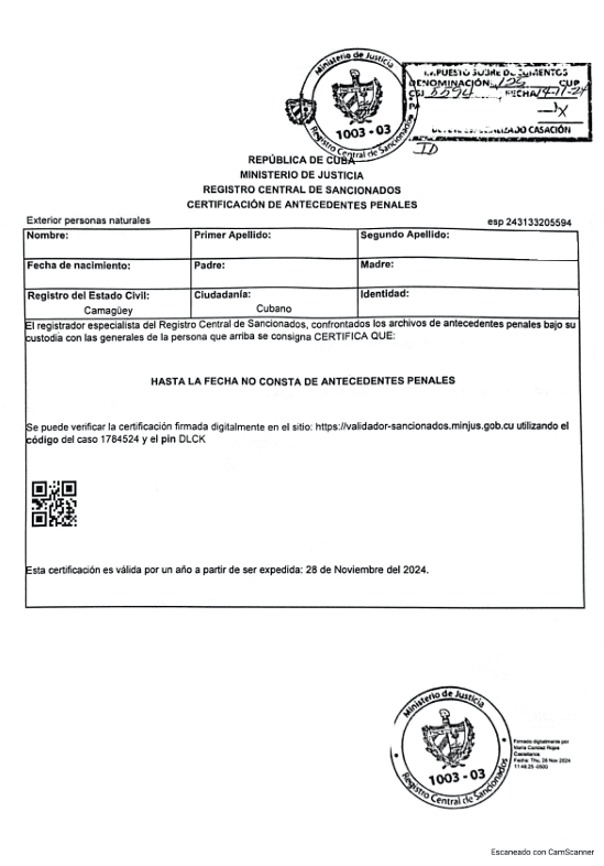 Ejemplo de certificado de antecedentes penales cubano legalizado con los sellos oficiales del MINJUS y del Consulado Español en La Habana, necesario para que el documento sea válido en España.